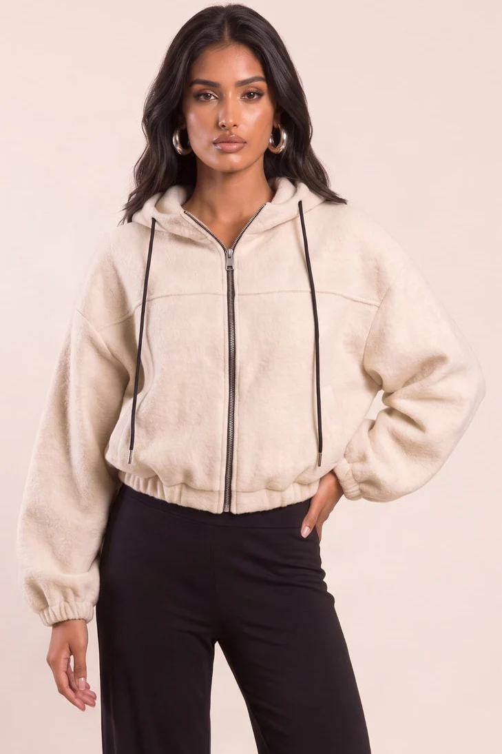 Beige oversized borg jacket with hood and zip front