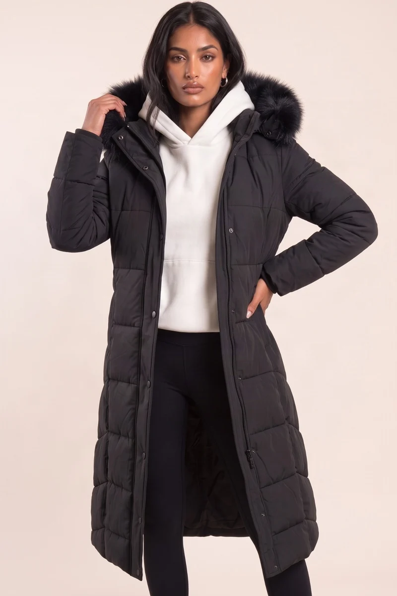 Black maxi puffer coat with hood and faux fur trim