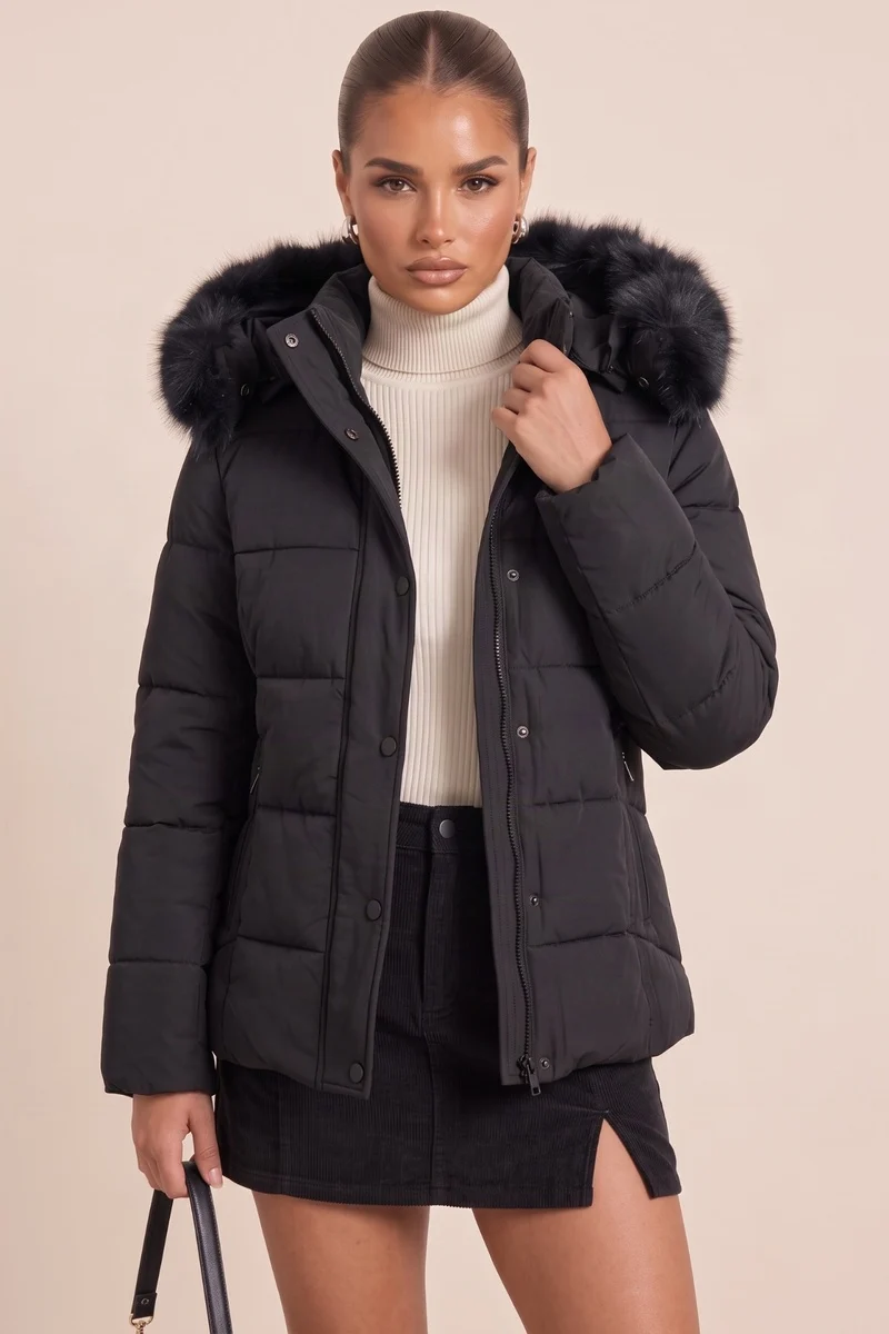 Black longline puffer coat with detachable faux fur hood trim