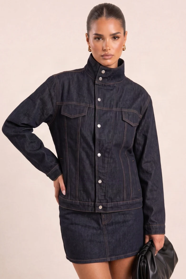 Indigo denim jacket with funnel neck and front pockets