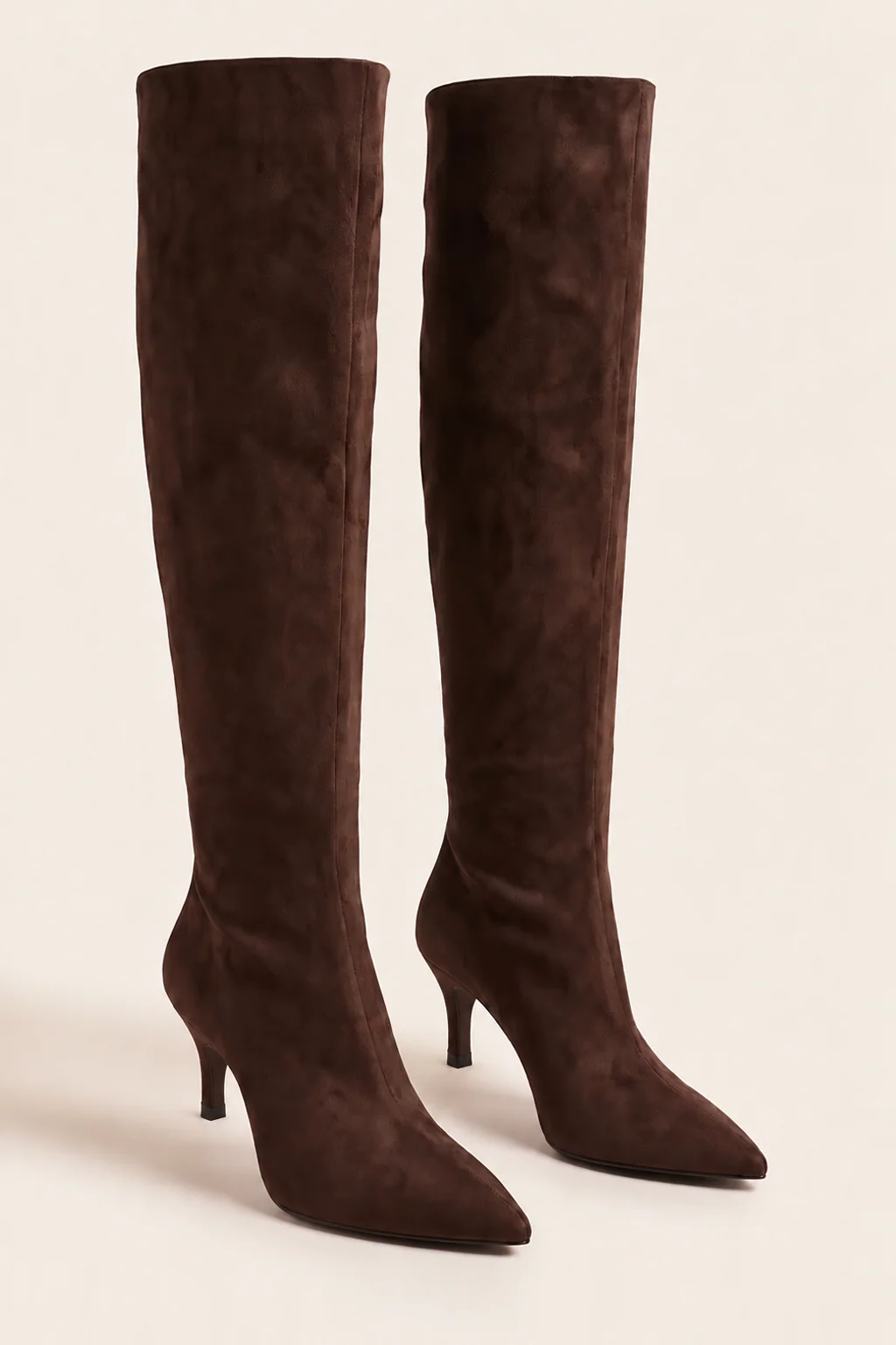 Chocolate faux suede pointed knee high stiletto boots