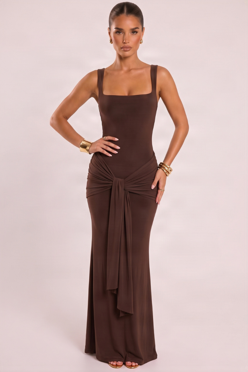 Chocolate square neck tie front maxi dress Lima shown on a model
