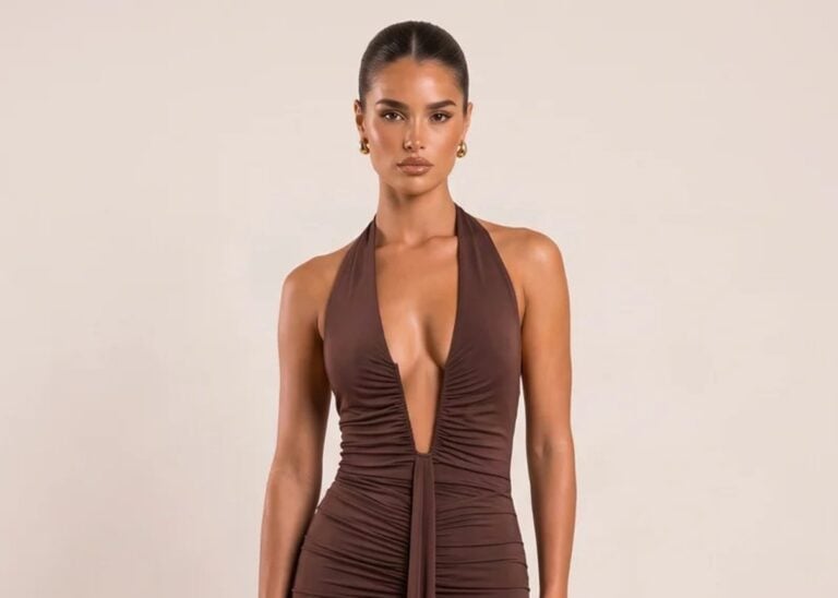 Model wearing a chocolate halterneck maxi dress