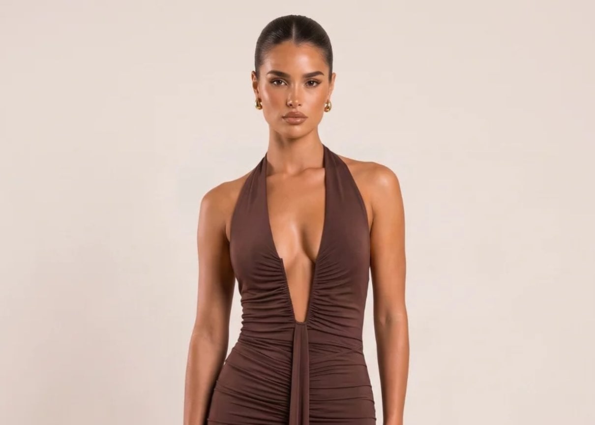 Model wearing a chocolate halterneck maxi dress