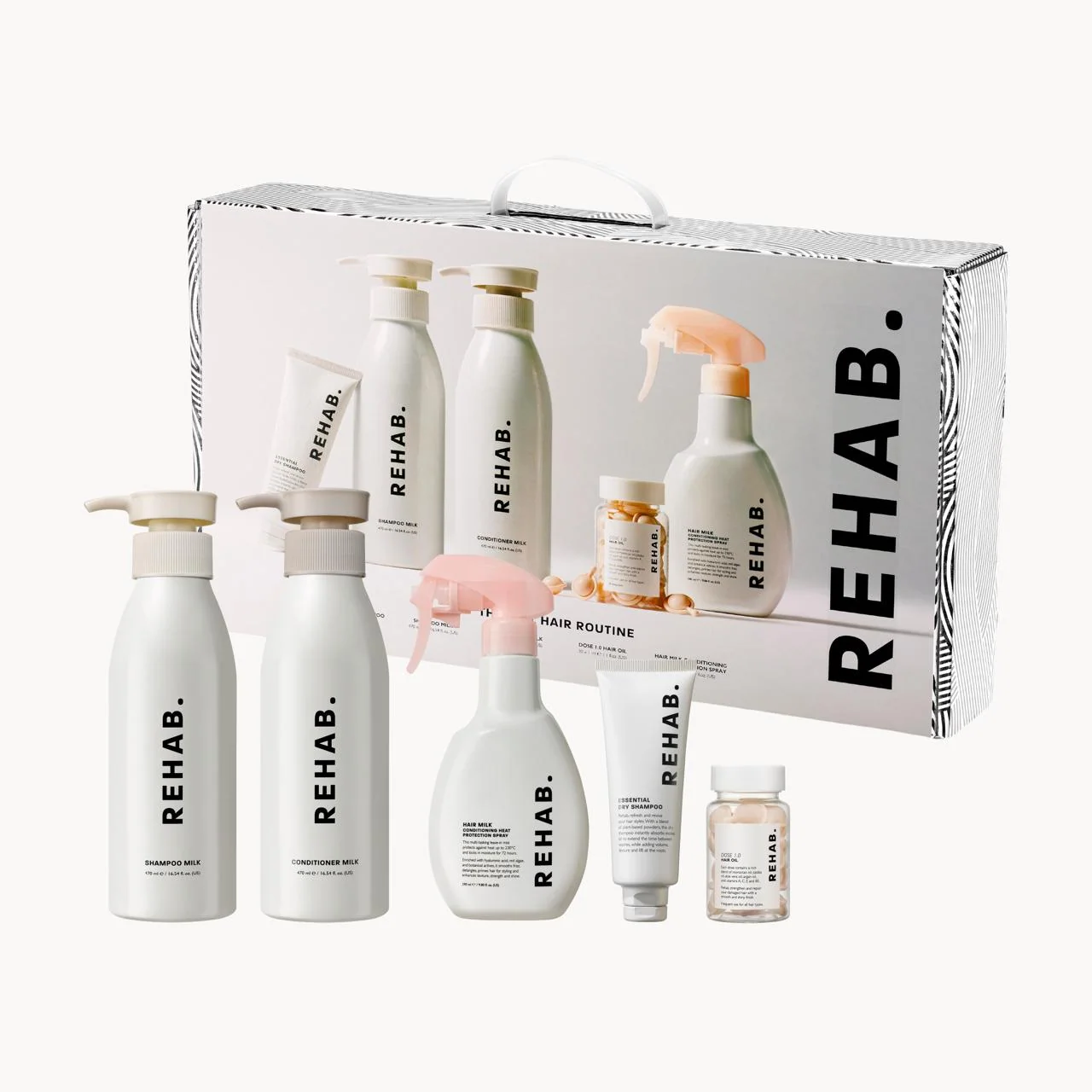 REHAB Full Hair Routine set in its suitcase-style box