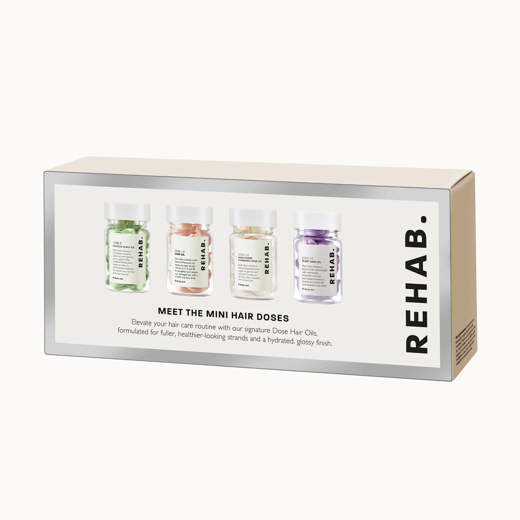 REHAB mini Dose hair oil capsules arranged as a gift set