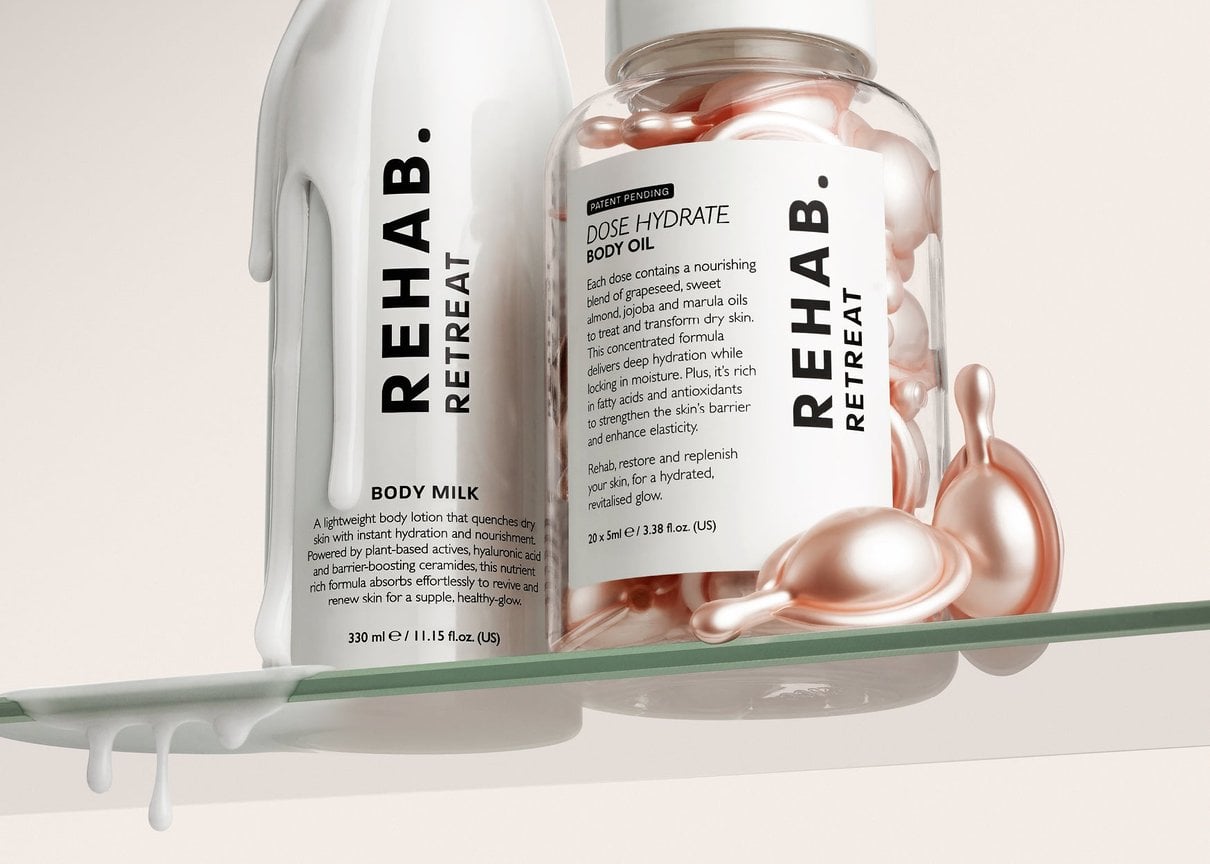 REHAB Time to Retreat skincare products in a lifestyle setting