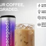 A prepared oat mushroom coffee drink beside its coffee blend packaging