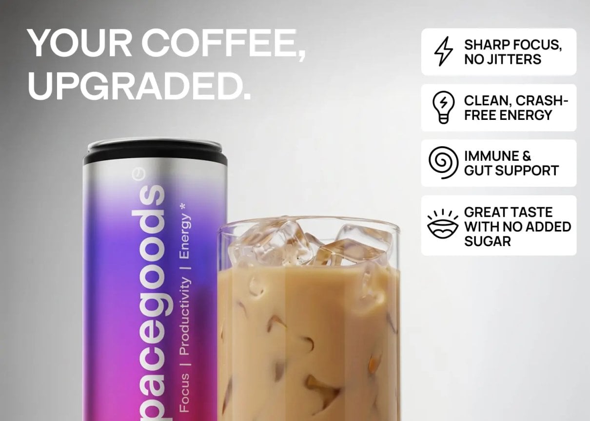 A prepared oat mushroom coffee drink beside its coffee blend packaging