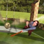 Visitor on a broom in the Studio Tour green-screen experience