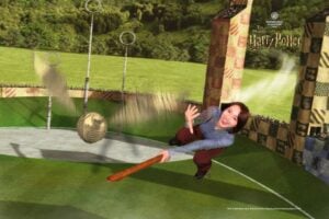 Visitor on a broom in the Studio Tour green-screen experience