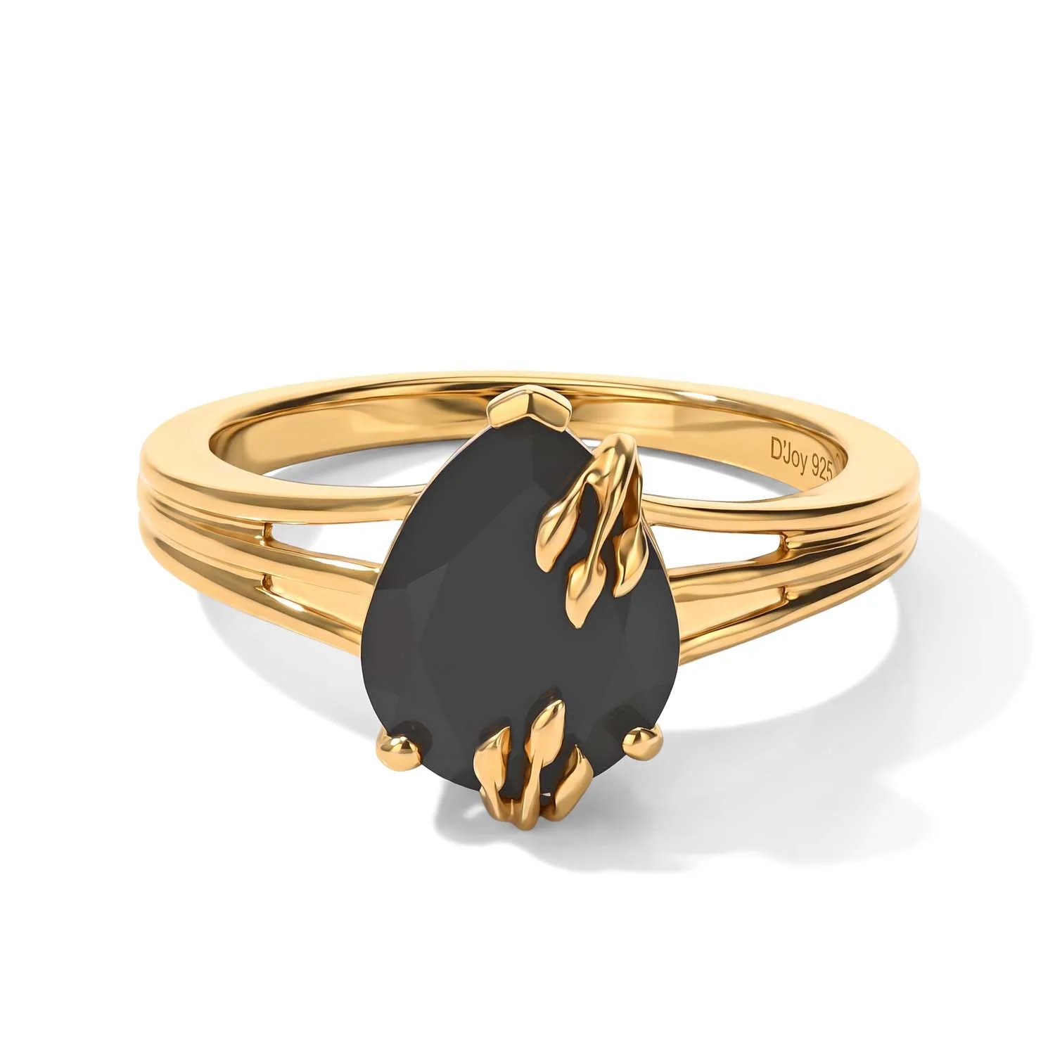 Black spinel solitaire ring in yellow gold plated sterling silver