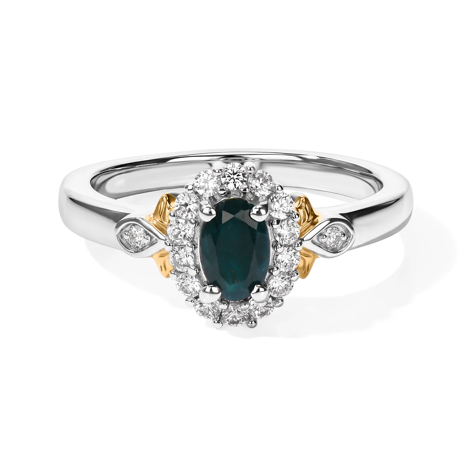 Grandidierite and white zircon halo ring in two tone plated sterling silver