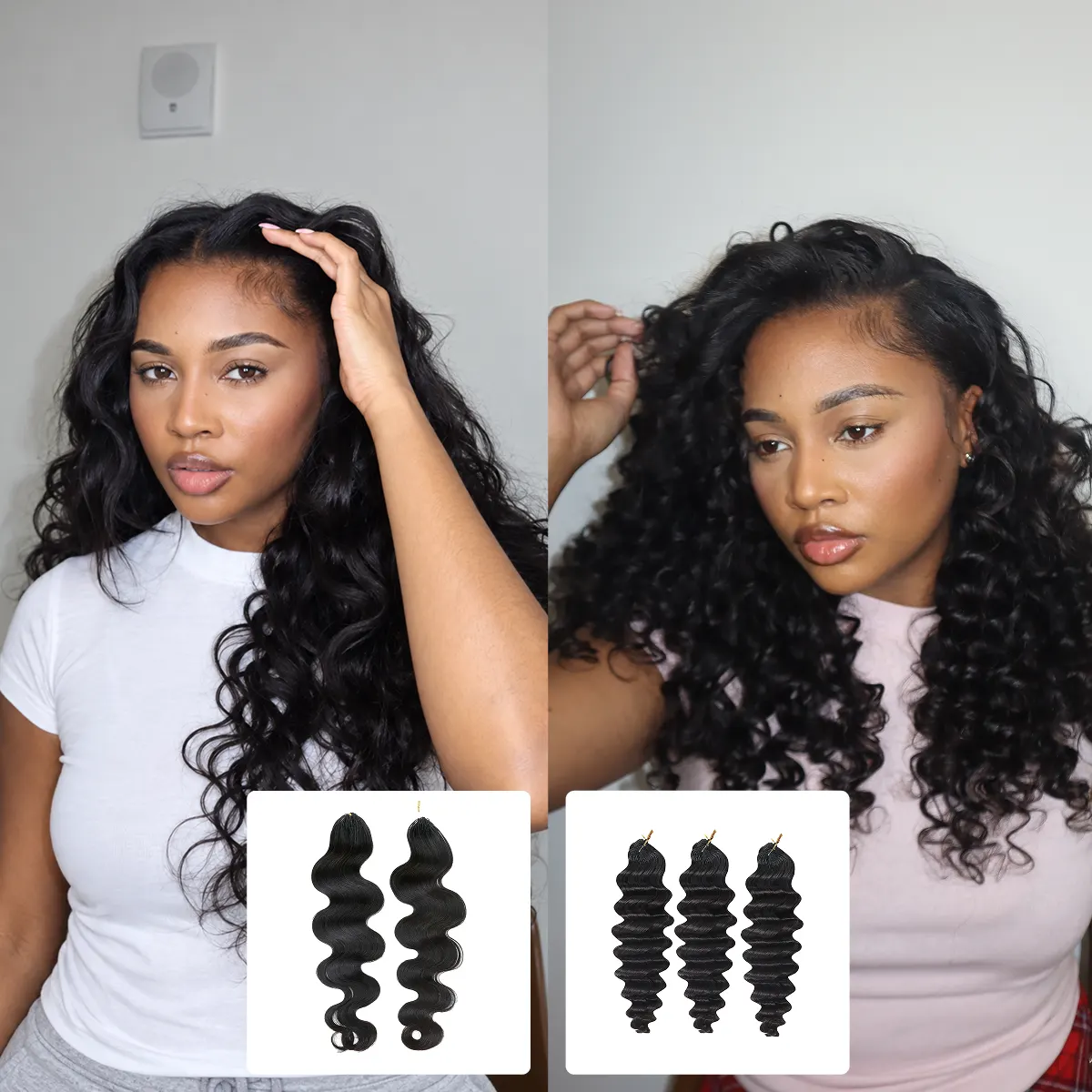 Model wearing a body wave and loose deep wave crochet combo
