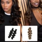 Model wearing natural color and #4/27/30 body wave weft hair