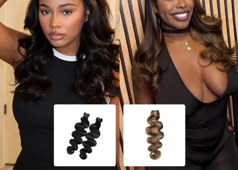 Model wearing natural color and #4/27/30 body wave weft hair