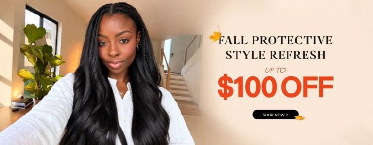 Model wearing long protective braids in a fall style campaign