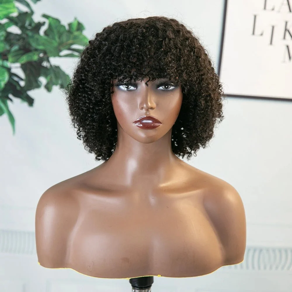 Natural color kinky curly bang wig
