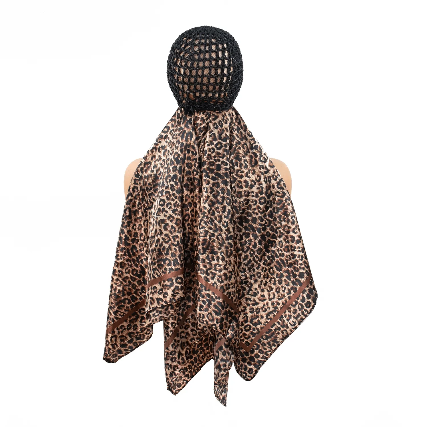 Back view of the leopard print satin scarf and mesh cap